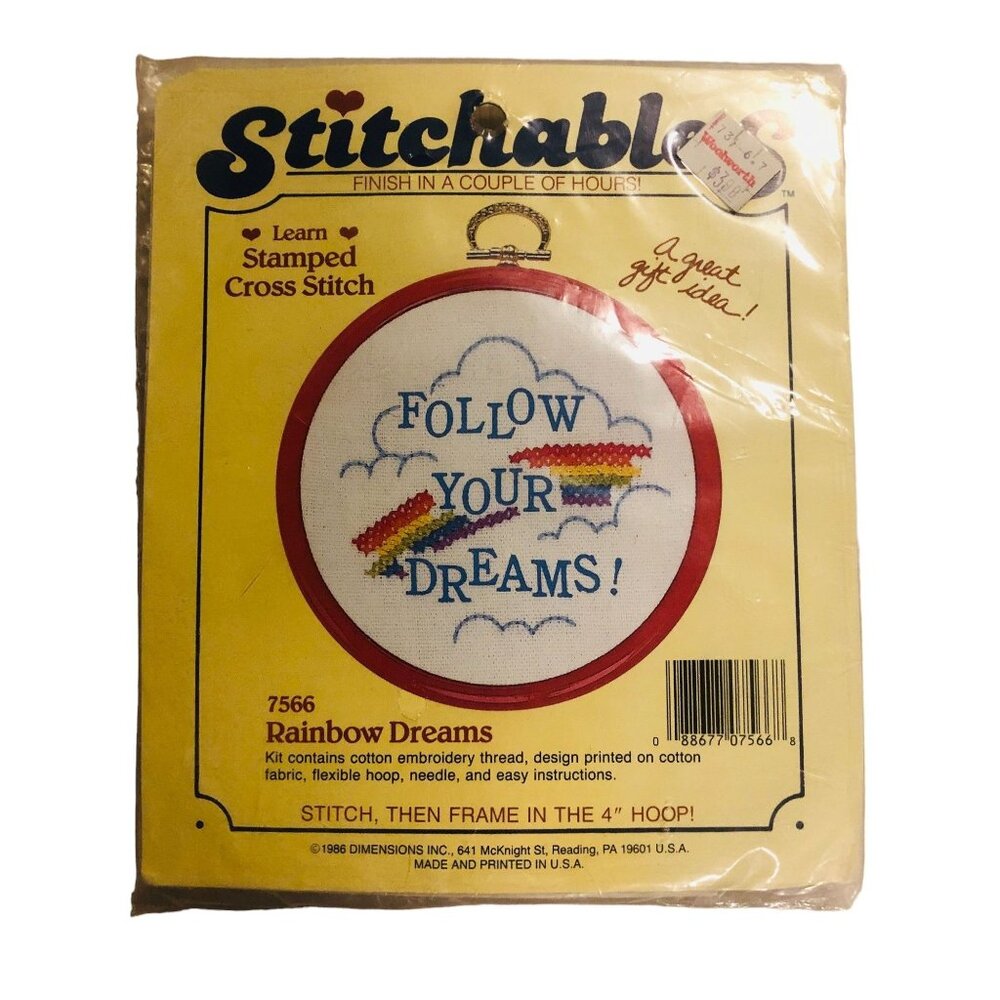 Dimensions Stitchables Rainbow Follow Dreams Vtg 80s Stamped Cross Stitch Kit